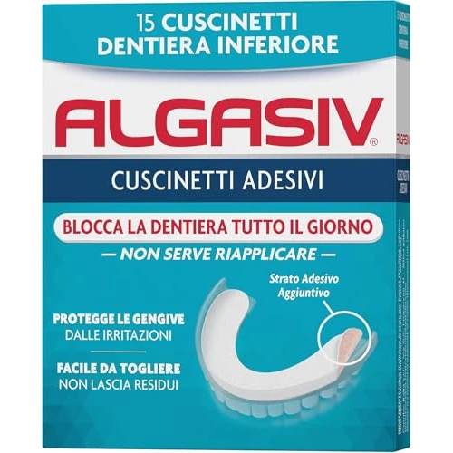 Offerta a tempo: Algasiv Cuscinetti Adesivi Per Dentiera Inferiore, Dura Tutto Il Giorno e Protegge Le Gengive, Tenuta 20 Volte Più Forte, 15 Pezzi - 52% da 10.90 € a 5.22 €