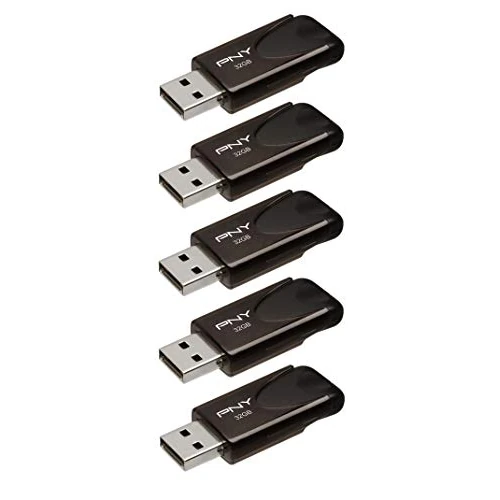 PNY Attaché 4 Flash Drives USB 2.0 with Sliding Capless Design, Black, 5x32GB