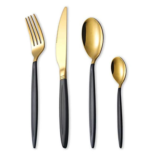 HOMQUEN 24 Piece Black Gold Cutlery Set, Stainless Steel Silverware Set, Titanium Gold Spoon and Spray Paint Handle Flatware Set, Service Set for 6 (Matt Black with Shiny Gold)