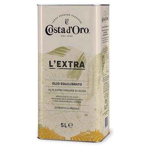 Costa d'Oro Aceite de oliva virgen extra extraído en frío. Sabor equilibrado, apto para todas las recetas y como aderezo para ensaladas. Lata de 5 litros, 1