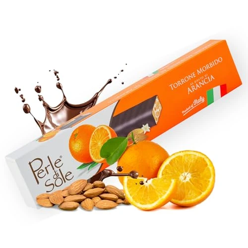 Perle di Sole – Torrone Morbido Fondente all’Arancia, 150 g. – Torrone Artigianale Italiano con Mandorle e Cubetti d’Arancia Candita Ricoperto di Cioccolato Fondente – Made in Italy