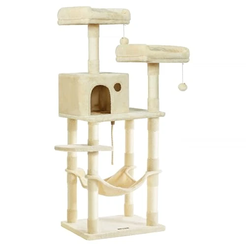 Feandrea Kratzbaum, 143 cm hoch, Katzenbaum mit 11 Kratzsäulen, 2 Plattformen, 1 Katzenhöhle, 1 Hängematte, 2 Plüschbällen, Plüsch, mehrstöckiges Design, beige PCT15BE