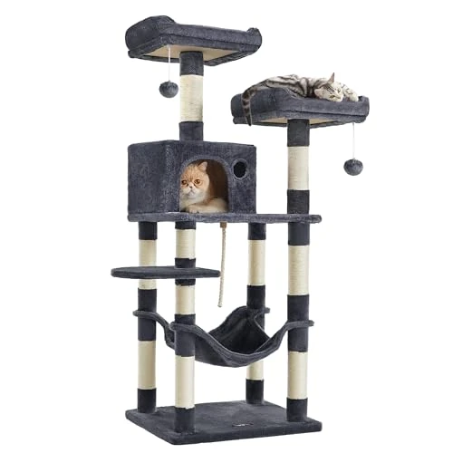 Feandrea Árbol para Gatos de Altura 143 cm, Torre para Gatos, con 11 Postes Rascadores, 2 Plataformas, 1 Cueva, 1 Hamaca, 2 Pompones, Tela de Felpa, Multinivel, Gris Ahumado PCT15GYZ