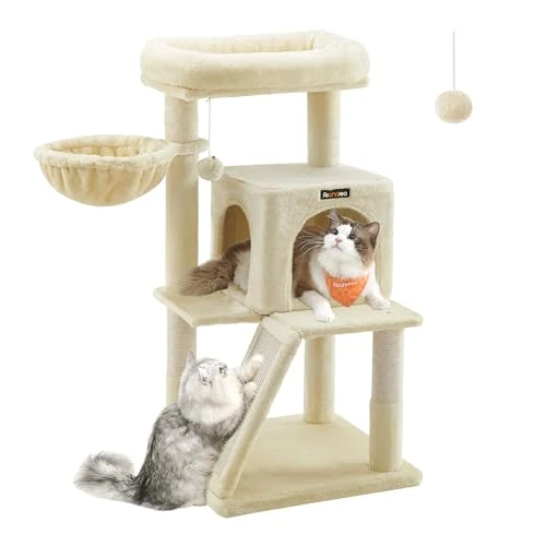 Offerta a tempo: Feandrea Albero per Gatti, Tiragraffi per Gatti, Pali e Rampa Graffiatoio in Sisal Naturale, 2 Pompon Sospesi, Grotta, Cesto, Trespolo di Peluche, Beige PCT51M - 18% da 55.99 € a 45.99 €