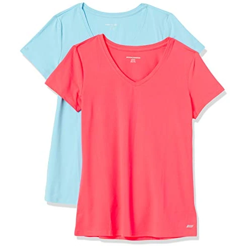 Oferta limitada: Amazon Essentials Camiseta Elástica de Secado Rápido, Manga Corta y Cuello en V (Hay Tallas Grandes) Mujer, Pack de 2, Azul/Rosa Fluorescente, L de 21.30 EUR a 17.13 EUR (ahorro 20%)