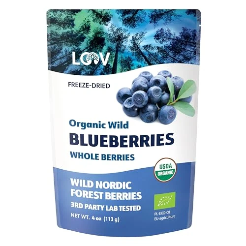 Offerta a tempo: LOOV mirtilli selvatici biologici, senza zuccheri od olii aggiunti, liofilizzati da foreste nordiche, 100% interi, Non-OGM, 113 g, bacche essiccate non zuccherate - 0.00% da 29.99 € a 29.99 €