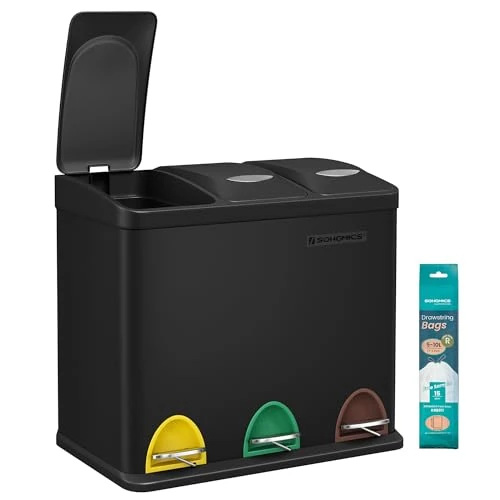 Tijdelijke aanbieding: SONGMICS LTB24BK Afvalemmer met klein volume voor keuken, met deksels, drievoudige stalen afvalemmer voor kleine gezinnen, pedalen en emmers, gemakkelijk schoon te maken, zwart, 3 x 8 l van 74.99 € naar 74.99 € (0.00% korting)