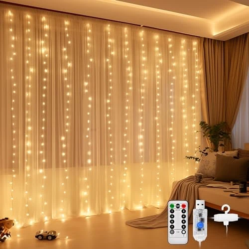 DazSpirit 3Mx3M 300 LED Fairy Curtain Light, Fairy String Curtain Lights with Remote Control Timer, IP44 Waterproof for Wedding Party Christmas Home Garden Bedroom Decoration (Warm White)