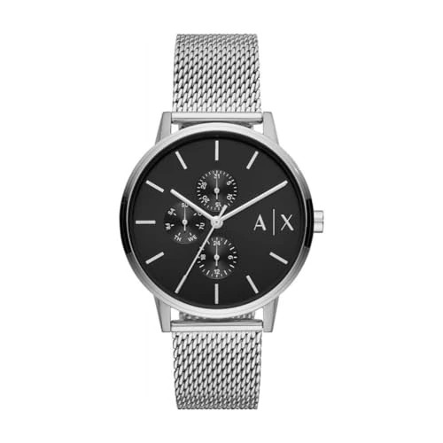 Armani Exchange Reloj para hombre, movimiento multifunción de cuarzo y caja de 42 mm con correa de acero inoxidable, Tono plata y negro azabache