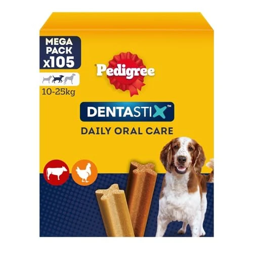 Tijdelijke aanbieding: Pedigree Dentastix Snack voor mondhygiëne (middelgrote hond 10-25 kg), 180 g, 105 stuks - 15 verpakkingen met 7 stuks (in totaal 105 stuks) van 25.99 € naar 25.99 € (0.00% korting)