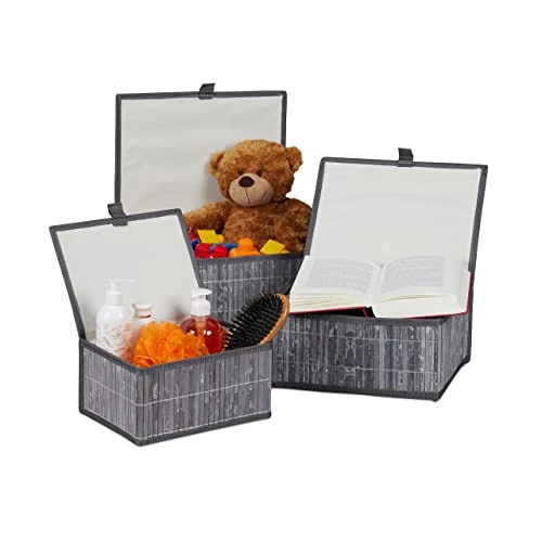 Zeitlich begrenztes Angebot: Relaxdays Aufbewahrungskorb 3er Set, mit Deckel & Stoffeinsatz, Bambus, Bad, Spielzeug, Aufbewahrungsbox, 3 Größen, grau von 19.99 € auf 19.99 € (0.00% Rabatt)