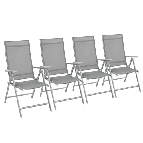 SONGMICS Sedie da Giardino, Set di 4 Sedie Pieghevoli, per Esterno, con Struttura in Metallo, Schienale Regolabile in 8 Posizioni, Capacità di Carico fino a 150 kg, Grigio GCB30GY