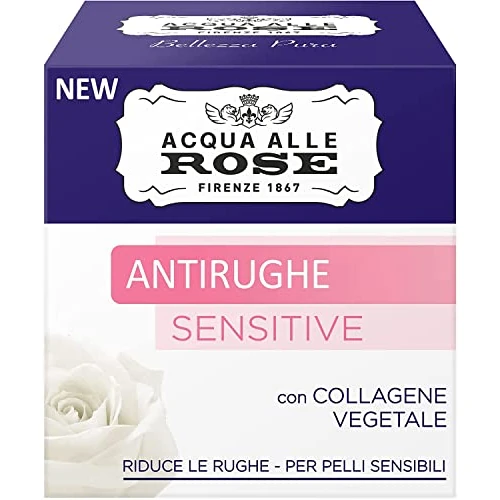 Acqua alle Rose, Crema facial antiarrugas sensible con colágeno vegetal y extracto de rosa, crema antiarrugas, delicada con la piel, ideal para pieles sensibles, 100% natural, 50 ml