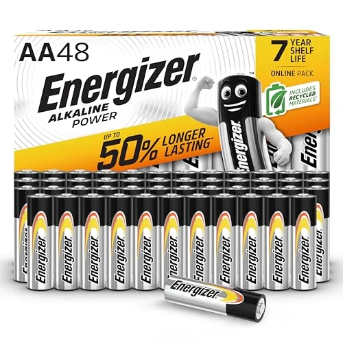 Energizer Alkaline Power - Pilas AA (Paquete de 48) - 1,5V Baterías Alcalinas - para Aparatos Domésticos y Electrónicos - Embalaje 100% reciclable - 7 años de Vida útil [Exclusivo en Amazon]