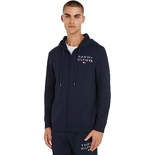 Tijdelijke aanbieding: Tommy Hilfiger Heren Logo Zip-Thru Hooded Lounge Jumper, Blauw (Woestijnhemel), XL van 71.95 EUR naar 71.95 EUR (korting 0%)