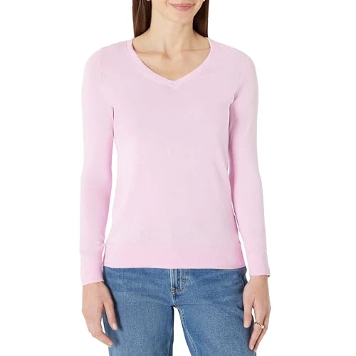 Amazon Essentials Damski klasyczny sweter z długim rękawem i dekoltem w serek (dostępny w dużych rozmiarach), jasnoróżowy, M