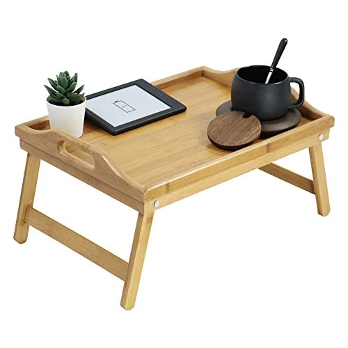 KKTONER Bandeja Portátil con Patas Plegables para Cama y Desayuno, Hecha de Bambú Natural