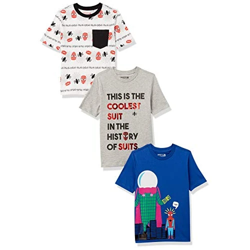 Amazon Essentials Disney | Marvel | Star Wars Boys' Short-Sleeved T-Shirt Tops (Previously Spotted Zebra), Pack of 3, Marvel Spider-Man, 8 Years
