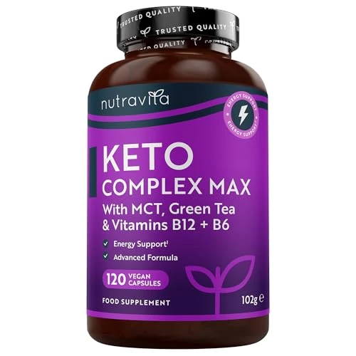 Keto Complex Max – Huile TCM, Thé Vert, Vitamines et Minéraux – Compatible avec des régimes pauvres en Glucides et régimes Cétogène (Keto) – 120 Gélules – Fabriqué au Royaume-Uni par Nutravita