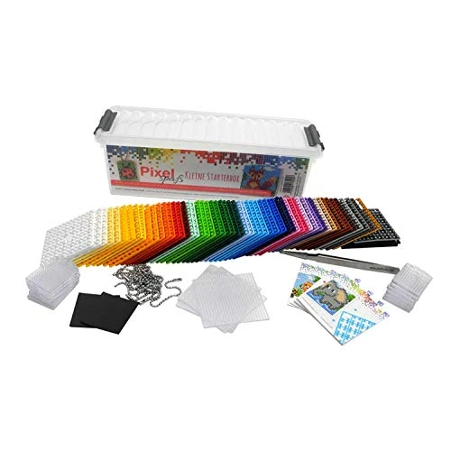 Pixel P60001-27501 petite boîte de démarrage, kit de bricolage avec 60 plaques de pixel, 4 plaques de base, 12 médaillons avec chaîne et 4 mini-carnets de modèles, système d'assemblage simple