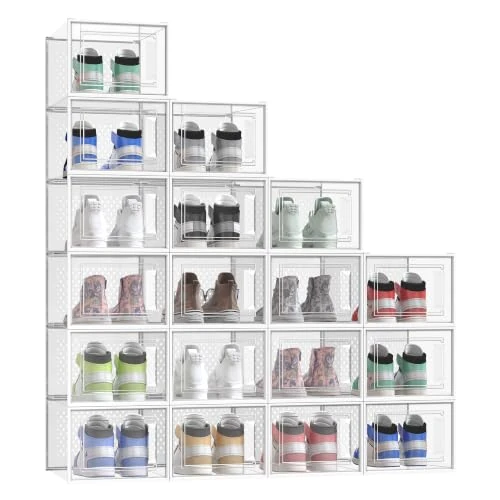 Offerta a tempo: SONGMICS Scatole per Scarpe, Contenitori per Scarpe, Organizzatori Portascarpe Pieghevoli e Impilabili, Fino alla Taglia 47, Set di 18, Trasparente e Bianco Nuvola LSP18MWT - 8% da 44.99 € a 41.30 €