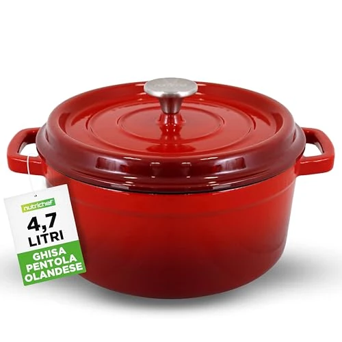 Offre limitée : Nutrichef Cocotte en Fonte Émaillée-Cocotte Fonte de 5 Litres - Ustensiles de Cuisson Émaillée pour Cuisinière- Marmite Induction avec Couvercle Auto Basculant-Rouge de 59.99 € à 59.99 € (0.00% de remise)