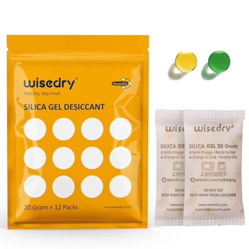 Offerta a tempo: wisedry Confezione da 12 sacchetti di essiccante in gel di silice da 20 g, ricaricabili, di grado alimentare, colore variabile da arancione a verde che indica la necessità di asciugarli - 35% da 15.99 € a 10.41 €