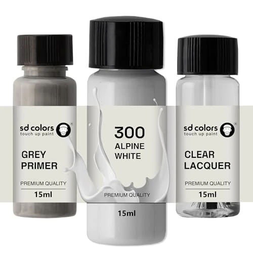 SD COLORS - Vernice per ritocchi, per automobili, per riparazione graffi e scheggiature, 15 ML, codice colore: 300, 15 ML, colore: bianco alpino (vernice + smalto + primer)
