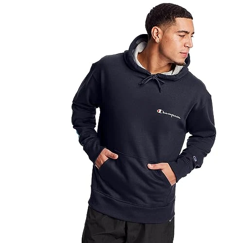 Offerta a tempo: Champion Powerblend Fleece Hoodie Felpa con Cappuccio, Blu (Navy Scritta sul Petto Sinistra), S Uomo - 0.00% da 61.13 € a 61.13 €