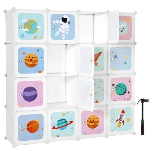 SONGMICS Regalsystem mit 15 Würfeln, Aufbewahrungsschrank für Kinder, Kleiderschrank mit Türen, Schuhregal aus Kunststoff, Steckregal, Mehrzweck, Schuhe, Spielzeug, 153 x 31 x 153 cm, weiß LPC902W