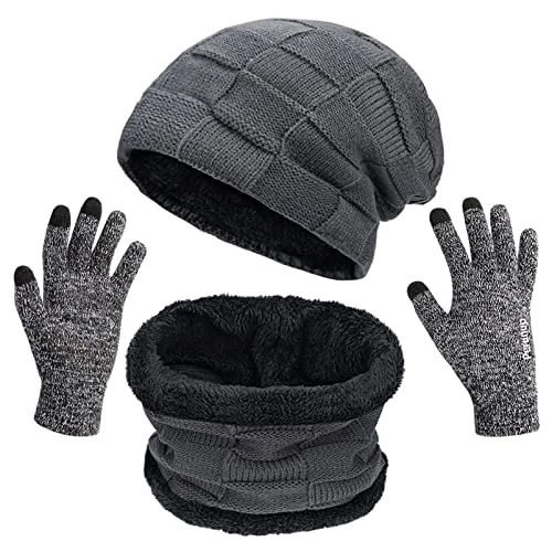 Offerta a tempo: Petrunup Set di Berretto Guanti e Sciarpe da Uomo, 3Pcs Slouch Beanie Snood e Guanti Touchscreen Invernale con Fodera, Grigio - 32% da 21.99 € a 14.95 €