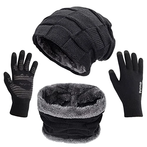 Petrunup 3Pcs Gorro Guantes Bufanda Hombres, Slouch Beanie Calentador de Cuello y Guantes Pantalla Táctil con Forro Polar, Negro