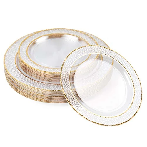 MATANA 40 Platos de Plástico Reutilizables con Borde Dorado (2 Tamaños) – Platos Plastico Dorado - Vajilla Transparente y Elegante para Bodas, Cumpleaños y Fiestas