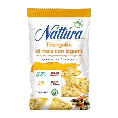 NATTURA Triangolini di Mais con Legumi Bio, Croccante Snack Senza Glutine e Lattosio, Ricco di Fibre, Senza Olio di Palma, Prodotto Vegano Senza Lievito, Confezione da 80 g