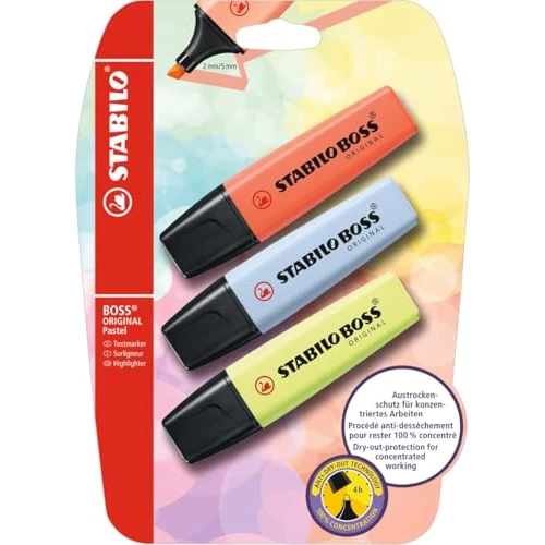 STABILO BOSS ORIGINAL Pastel - Evidenziatore - Pack da 3 - Rosa Corallo/Azzurro Ghiaccio/Lime