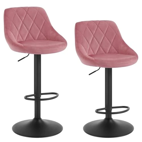 WOLTU 2X Taburete de Bar con Respaldo Terciopelo Regulable en Altura Rosa BH219rs-2