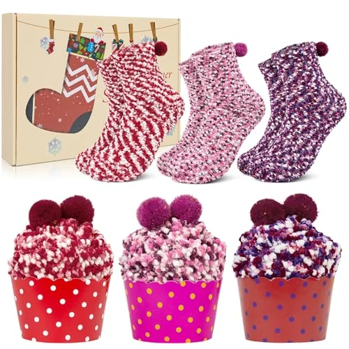 YSense Snug Gifts for Women Fluffy Socks Christmas Socks Cupcake Fuzzy Cosy Socks Bed Socks Soft Warm Thermal Socks Birthday Party Holiday Valentine's Day Gifts