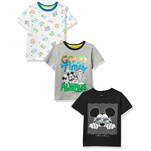 Amazon Essentials Disney | Marvel | Star Wars Boys' Short-Sleeve T-Shirts, Pack of 3, Black/Grey/White Mickey and Friends, 3 Years