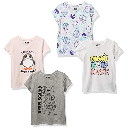 Amazon Essentials Disney | Marvel | Star Wars | Frozen | Princess Girls' Short-Sleeve T-Shirts, Pack of 4, Grey/Pink/Star Wars Rebel, 10 Years