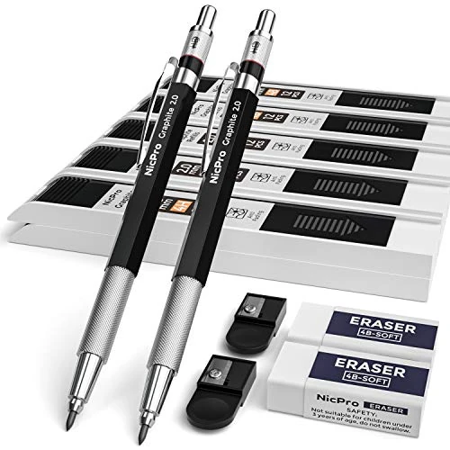 Offerta a tempo: Nicpro 2 Pezzi Matite Meccaniche in Metallo, Portamine 2,0 mm, Matite da Carpentiere con 120 Ricariche di Mina in Grafite (HB 2H 4H 2B 4B e Colore), 2 Gomme, Matite per Disegno, Scrittura, Schizzi - 0.00% da 14.99 € a 14.99 €