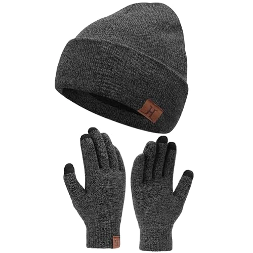 Bequemer Laden Herren Damen Winter Warm Beanie Mütze Touchscreen Handschuhe Set, Thermo Wintermütze Strickmütze Winterhandschuhe mit Fleece Gefüttert， Dunkelgrau