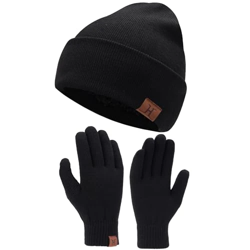 Bequemer Laden Herren Damen Winter Warm Beanie Mütze Touchscreen Handschuhe Set, Thermo Wintermütze Strickmütze Winterhandschuhe mit Fleece Gefüttert， Schwarz