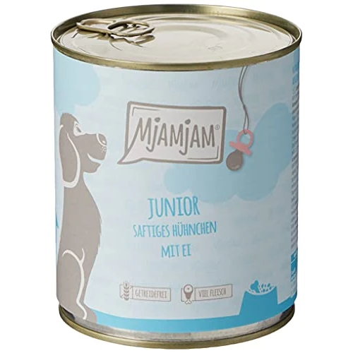 MjAMjAM - cibo umido premium per cani - Junior pollo succoso con uovo, confezione da 6 (6 x 800 g), naturale con carne extra