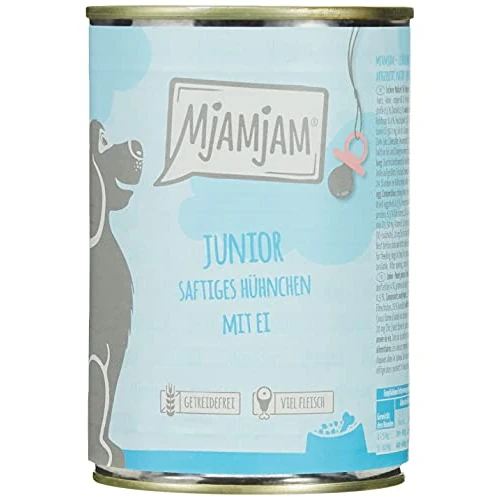 MjAMjAM - premium wet food for dogs - Junior juicy chicken with egg, pack of 6 (6 x 400 g), natural with extra meat