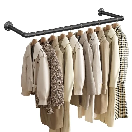 SONGMICS Wall Mounted Coat Rack, Industrial Hoses Clothes Hanging Bars, Space Saving 92 x 30 x 7.5 cm, Easy Installation, Small Space, Black HSR67BK