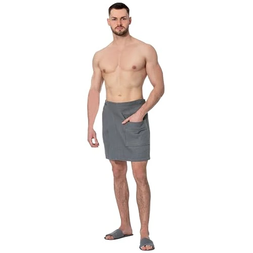 Offerta a tempo: ZOLLNER Kilt grigio da sauna da uomo - Asciugamano sauna in piquè - Cotone - Con elastico e chiusura con bottoni - Tasca con cerniera - lavabile a 60°C - Certificato OEKO TEX - 0.00% da 23.99 € a 23.99 €