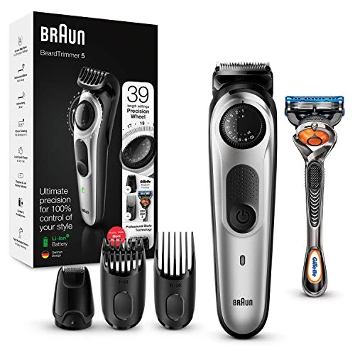 Braun Recortadora de Barba con Gillette Fusion 5 ProGlide Maquinilla de Afeitar Hombre, 2 Cabezales y 39 Ajustes de Longitud, Cuchillas Afiladas de Larga Duración, BT 5265, Negro/Metal
