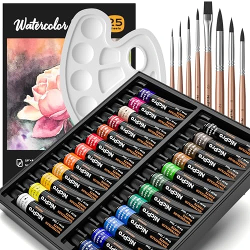 Offerta a tempo: Nicpro Set di Pittura ad Acquerello, Acquarelli per Dipingere 24 tubi di Colori ad Acquerello (12 ml) con 8 Pennelli, 25 Carte, Tavolozza, per Art Pittura, Principianti, Artist - 14% da 27.99 € a 23.99 €