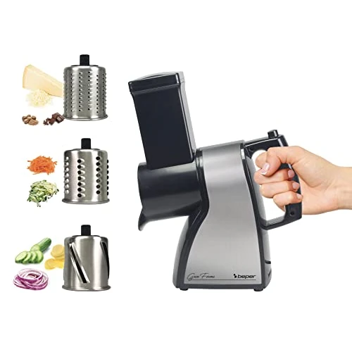 BEPER BP.400 Vegetable Slicer Steel Electric 3 Interchangeable Steel Cones Julienne Slices Grater Burr Slicer Slicer ABS Silver and Black