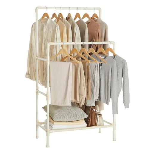 SONGMICS Stand Appendiabiti, Appendiabiti da Terra in Metallo con 2 Barre, Ripiano Portaoggetti, Max Portata 55 kg, Montaggio Facile, Bianco RDR01WT